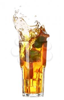 Glass of tasty cold ice tea with lemon on white background�
