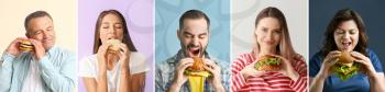 Group of people with tasty burgers on color background�