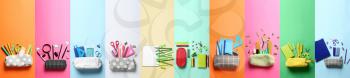 Set of school supplies on color background�