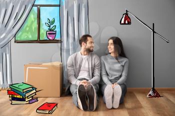 Young couple sitting on floor near box indoors and imagining interior of new house. Moving day�