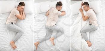 Handsome man sleeping in different positions on bed, top view�