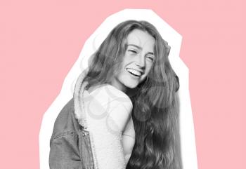 Portrait of happy young woman on color background�