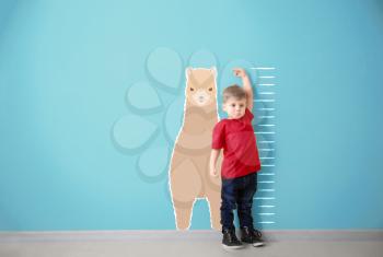Little boy measuring height near color wall�