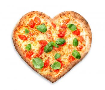Tasty heart-shaped pizza on white background�