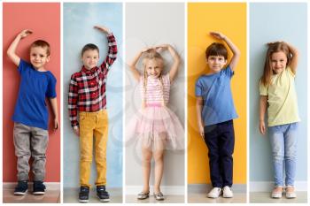 Collage of photos with little children measuring height near walls�
