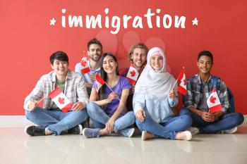 Word IMMIGRATION and group of students with Canadian flags sitting near color wall�