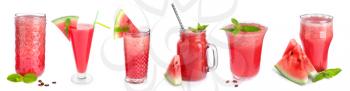 Glassware with fresh watermelon juice on white background�