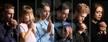 Collage with praying people on dark background�