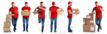 Set of delivery man with boxes on white background�