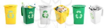 Containers for trash with recycling sign on white background�