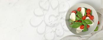 Mozzarella cheese with tomatoes and basil on white background with space for text�