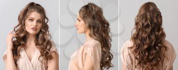 Beautiful young woman with stylish hairdo on grey background. Front, side and back view�