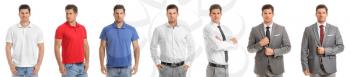 Collage with young man in stylish clothes on white background�