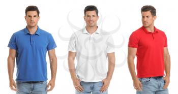 Collage with young man in stylish t-shirts on white background�