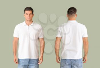 Young man in stylish t-shirt on color background. Front and back view�
