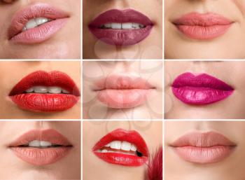 Set of beautiful young women with different lipsticks, closeup�