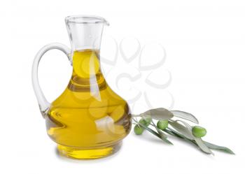 Bottle of olive oil and fresh olive branch with olives isolated on white background 
