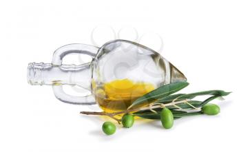 
Bottle of olive oil and fresh olive branch with olives isolated on white background 