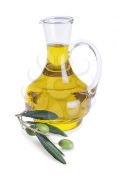 Bottle of olive oil and fresh olive branch with olives isolated on white background 