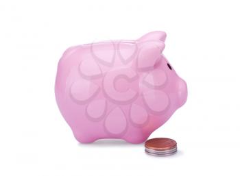 piggy bank with copper and silver coins isolated on white background
