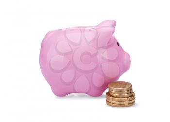 piggy bank with golden  coins isolated on white background