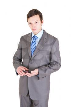 Young businessman with mobile phone isolated on white background