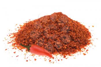 Pile of crushed chilli pepper isolated on white background 