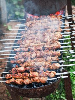 cooking shish kebab barbecue on skewers  on charcoal  outdoor dining