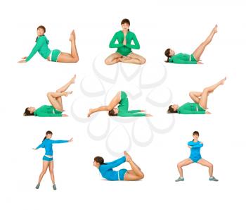Young woman doing some exercises isolated on white.Set