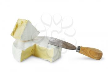Fresh  soft  brie cheese  with cheese knife isolated on a white background