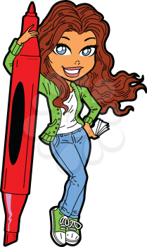 Royalty Free Clipart Image of a Girl With a Big Pencil