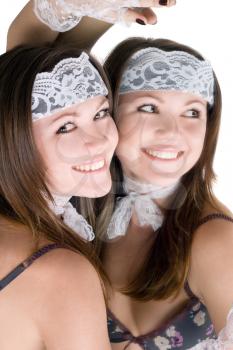 Royalty Free Photo of a Woman Wearing a Lace Headband and Gloves Reflected in a Mirror