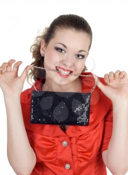 Royalty Free Photo of a Woman With a Handbag on Her Teeth