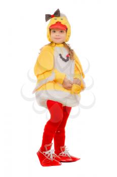 Little girl dressed as a duck. Isolated