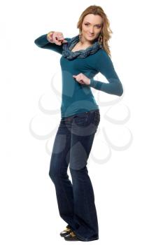 Young woman in a blue jeans. Isolated on white