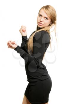 Sexy slim blonde posing in black dress. Isolated on white 