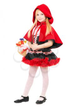 Smiling blond girl posing in a dress of little red riding hood. Isolated on white