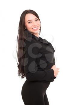 Portrait of cheerful young brunette wearing black jacket. Isolated on white