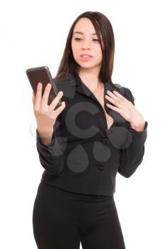 Portrait of young woman with smartphone. Isolated on white