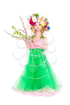 Beautiful little girl dressed in spring image. Isolated on white