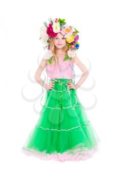 Little girl posing with a wreath on her head. Isolated