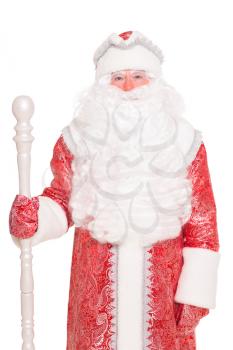 Portrait of Santa Claus with a staff. Isolated on white
