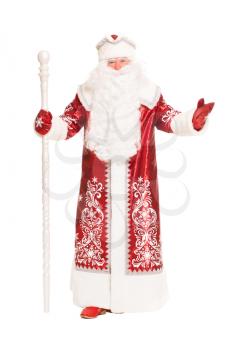 Inviting Santa Claus in red coat with a staff. Isolated on white
