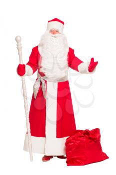 Santa Claus with gift bag. Isolated on white
