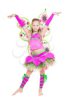 Little barefooted girl posing in fairy suit. Isolated on white