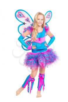 Blond barefooted girl posing in fairy costume. Isolated on white