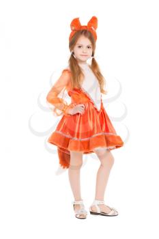 Attractive little girl dressed in a squirrel suit. Isolated on white