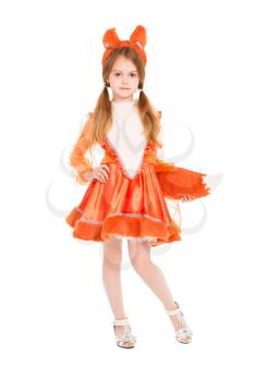 Playful little girl dressed in a squirrel suit. Isolated on white
