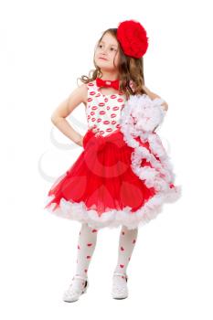 Cute little girl in red and white dress with big bow. Isolated