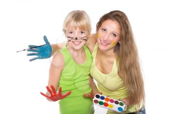 Portrait of two cheerful girls with comic makeup. Isolated on white